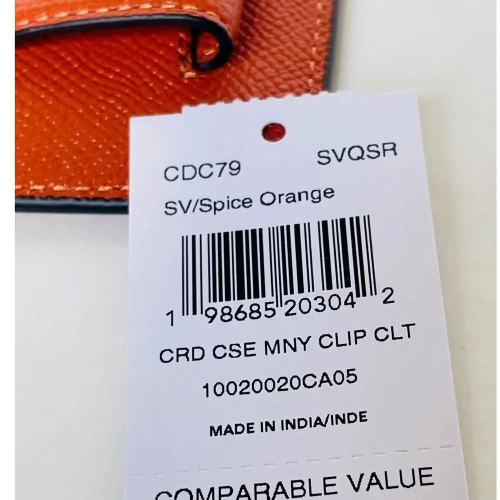 Coach Card Case Money Clip Spice Orange Crossgrain Leather Mens CDC79